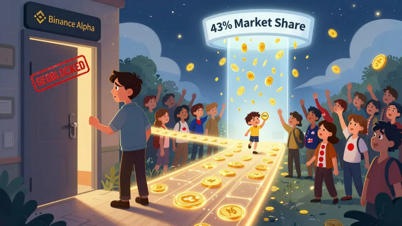 A U.S. user faces a blocked door while others worldwide celebrate token rain from a portal labeled '43% Market Share'.