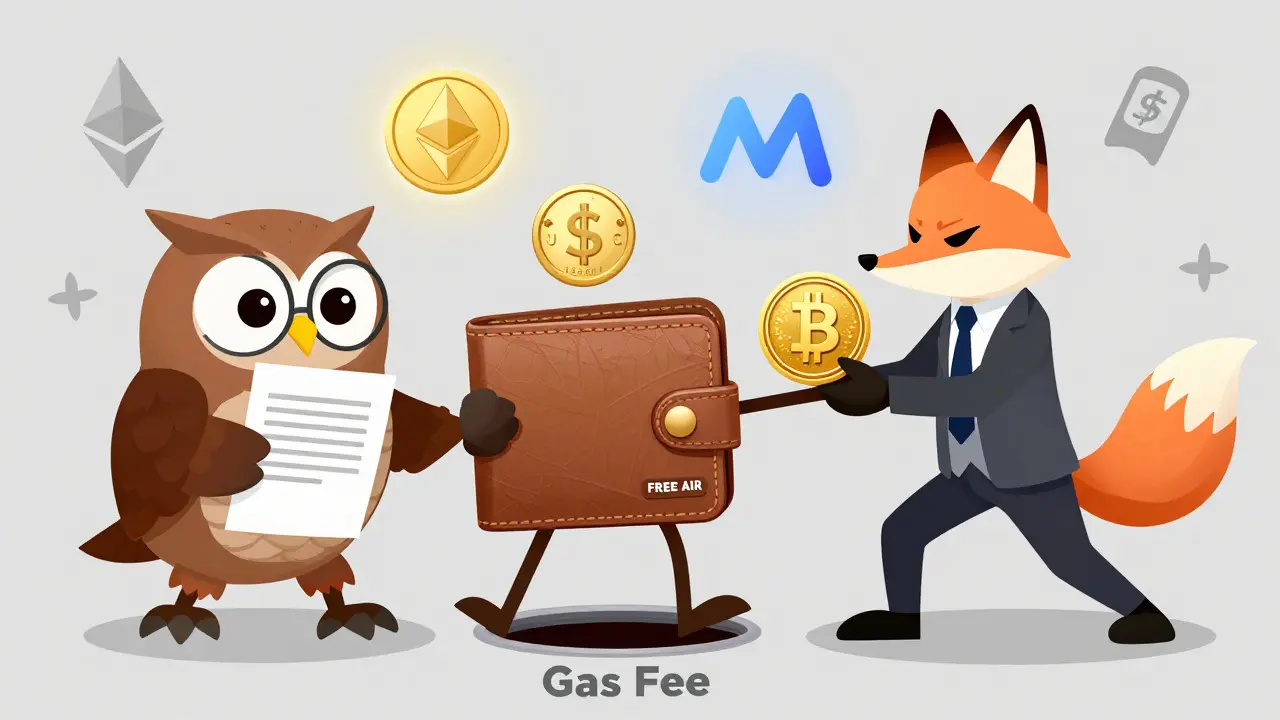 A wallet being pulled between a trustworthy owl and a sneaky fox offering a fake free token.