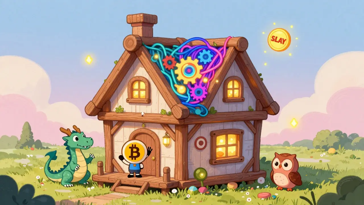 A whimsical blockchain house with Babylon as its foundation and SatLayer as its glowing attic filled with smart contract lights.