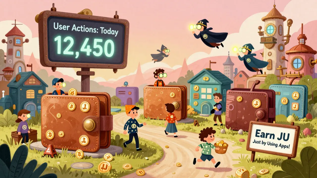 A whimsical digital town where citizens wear JU token clothing and a giant scoreboard tracks real-time user engagement.