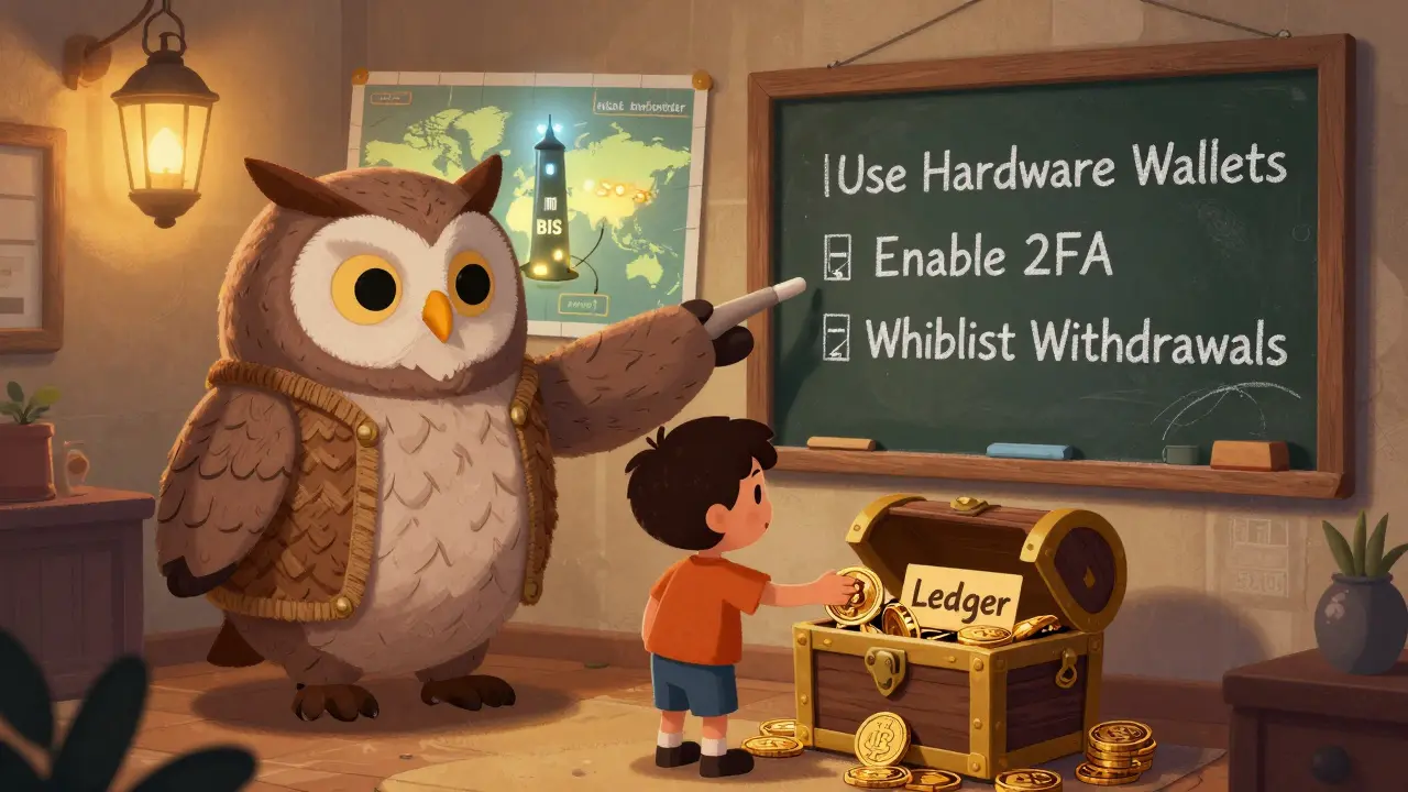 An owl teaches crypto security to a child, who stores coins in a hardware wallet, while a map shows regulated exchanges connected to BIS.