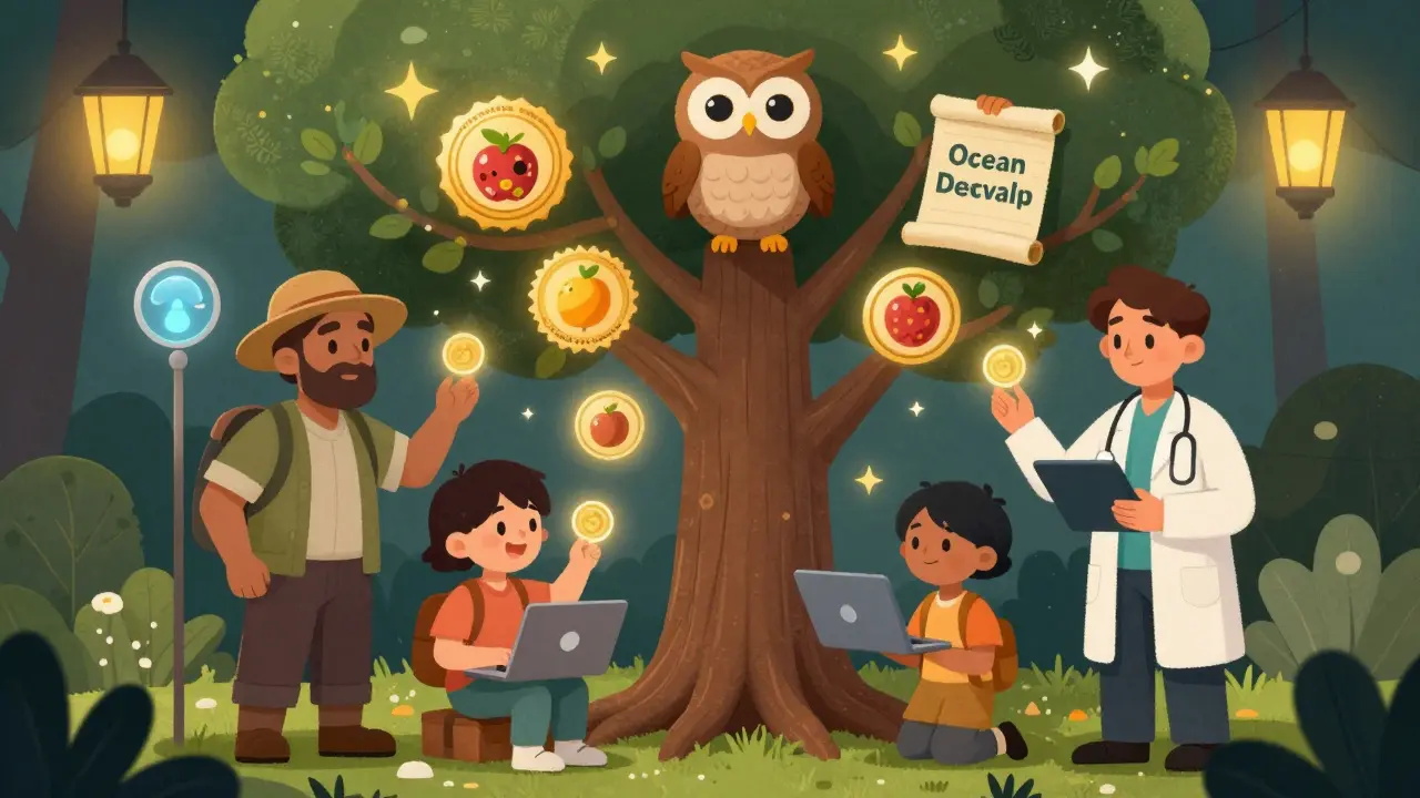 Diverse users stake OCEAN tokens into a tree of knowledge, each branch bearing labeled datasets under a glowing OceanDAO scroll.