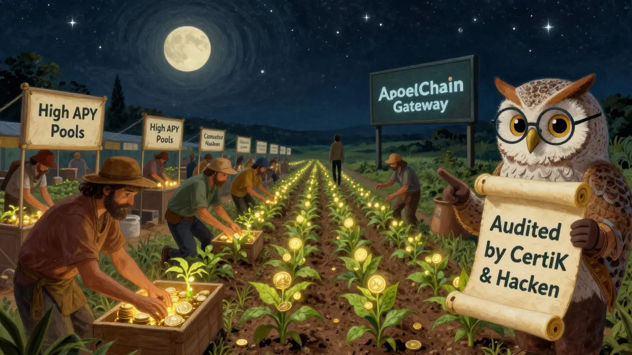 Farmers harvesting coin crops under starlight, guided by an owl pointing to audit seals, with a figure leaving a fake ApeChain sign.