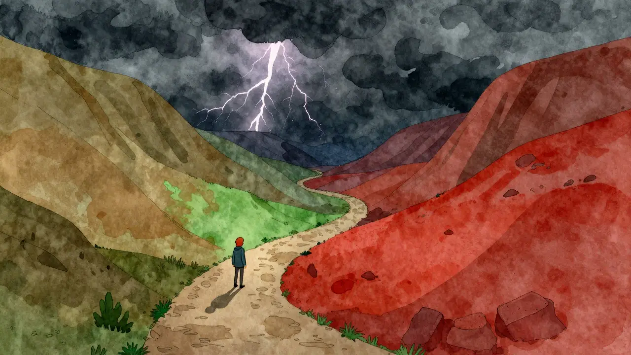 Figure stands on shifting path in stormy valley with lightning strikes.