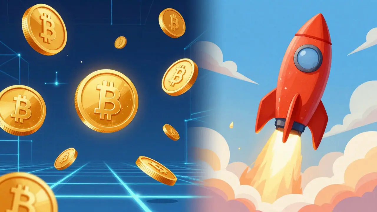 Floating digital coins next to a launching rocket ship illustration.