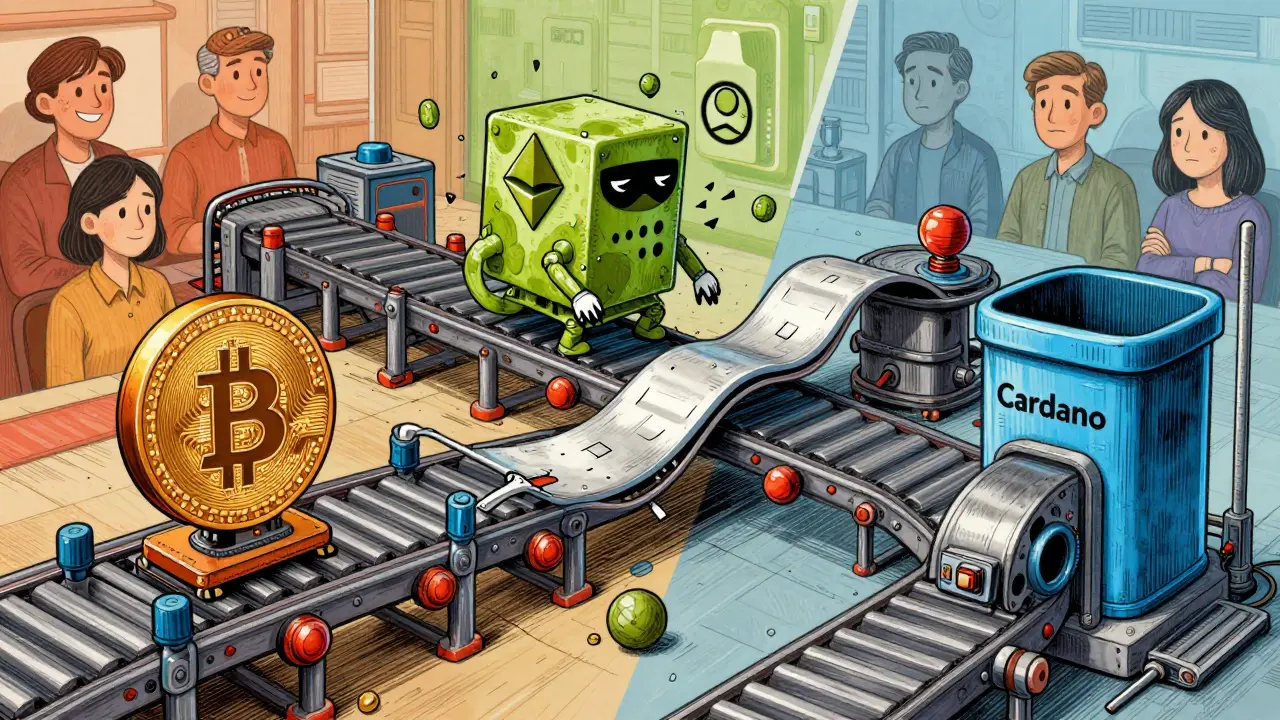 Four blockchain networks shown as mechanical conveyors, each with unique flaws and quirks in a storybook style.