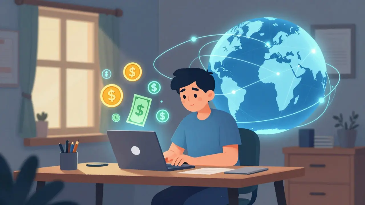 Freelancer at desk with laptop connecting to global network.