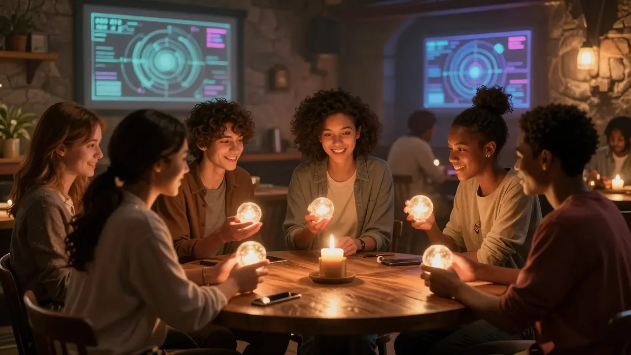 Group of people sharing glowing lights in a warm wooden tavern room.