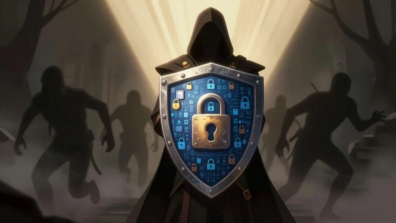 Guardian holding shield against shadows in bright light for security.