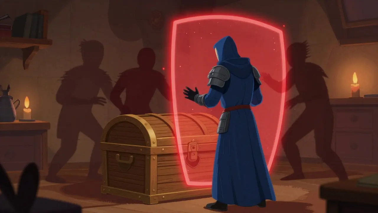 Guardian shielding a treasure chest from dark shadows