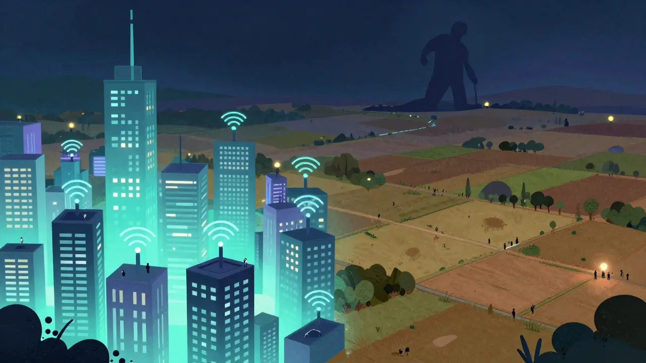 Landscape showing urban digital connectivity versus rural gaps.