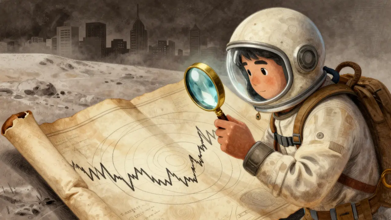 Space helmeted figure examining a map blending orbital lines and graphs.