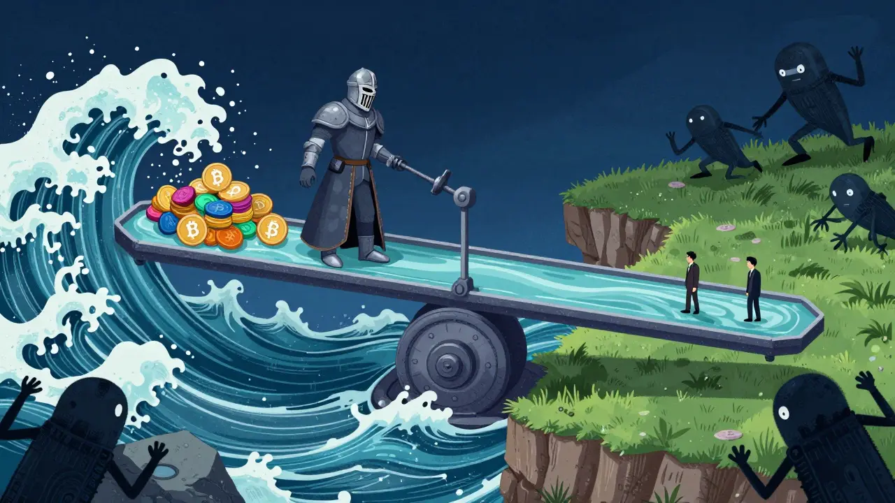 Storybook art showing a magical balance scale stabilizing fluctuating crypto prices.