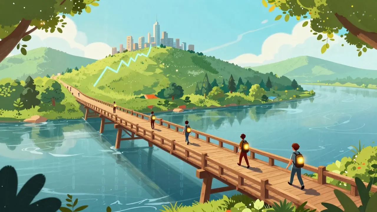 Travelers crossing a binary river bridge toward a mountain shaped like a rise.