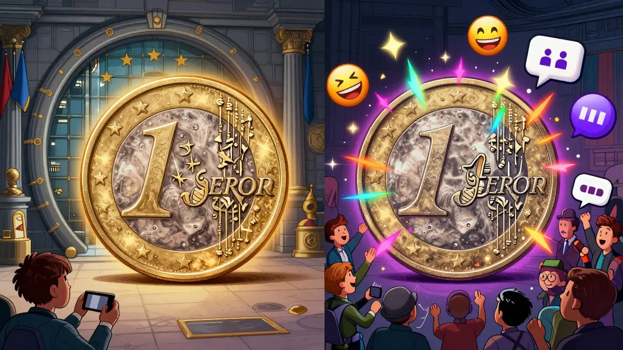 Two euro coins side by side: one stable and golden beside a bank, the other chaotic and sparkly amid trader memes and blockchains.