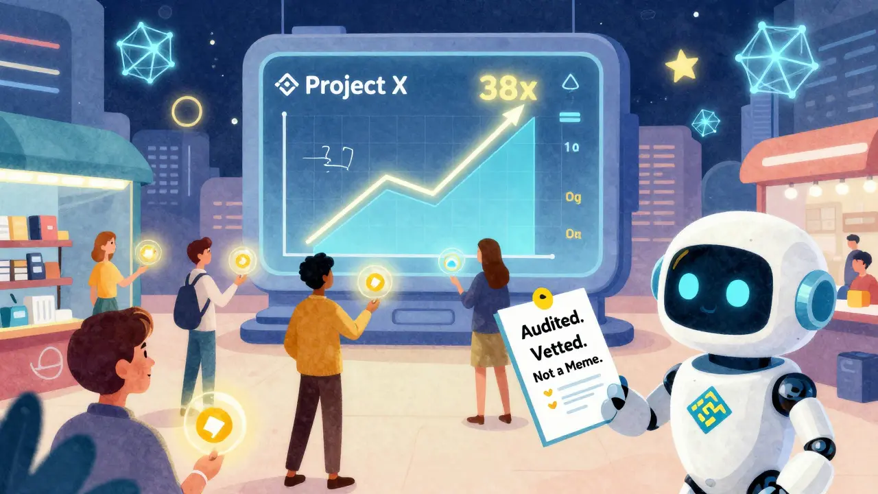 Users in a digital app receive glowing token airdrops as a rocket chart soars, with a robot handing out a vetting checklist.