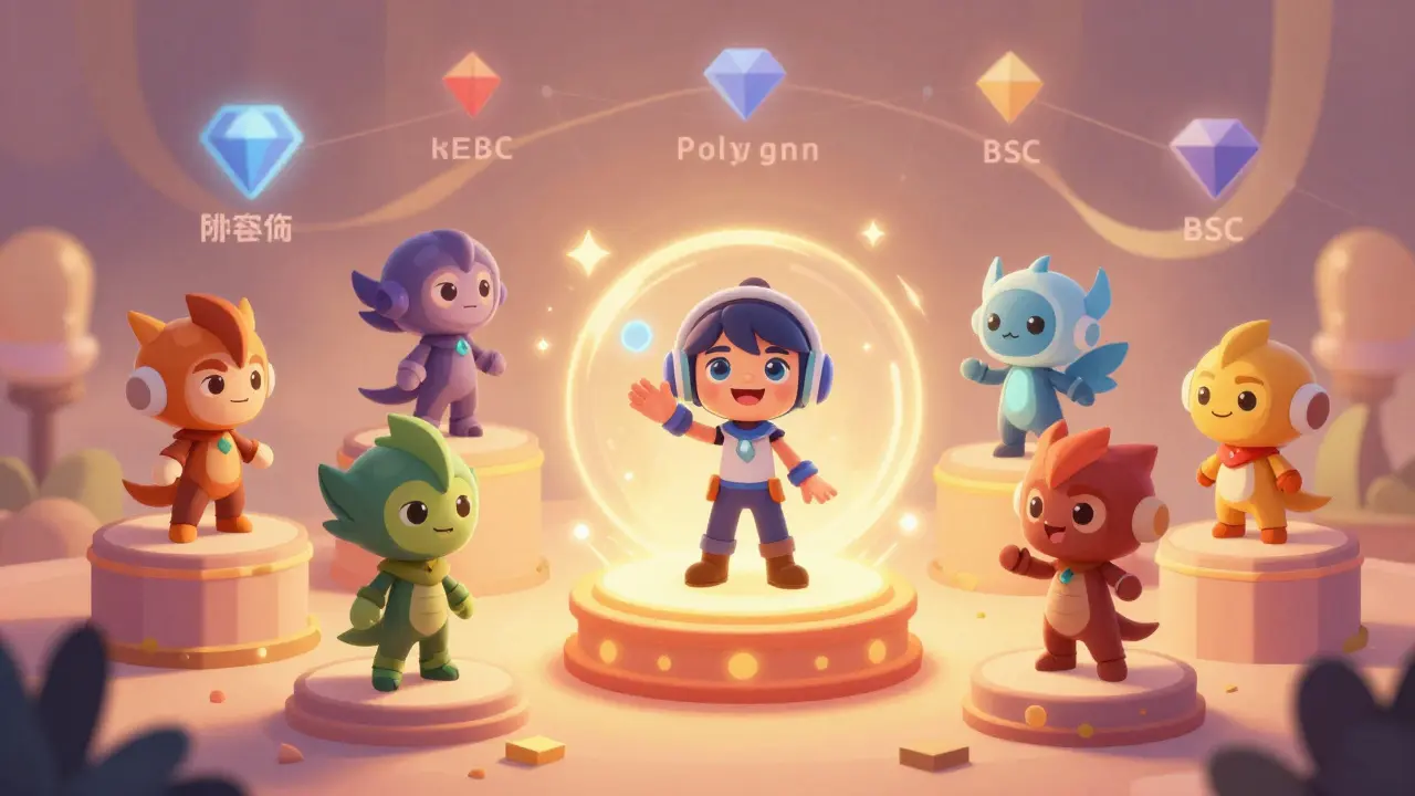 A collection of rare NFT heroes on pedestals surrounded by glowing network ribbons.