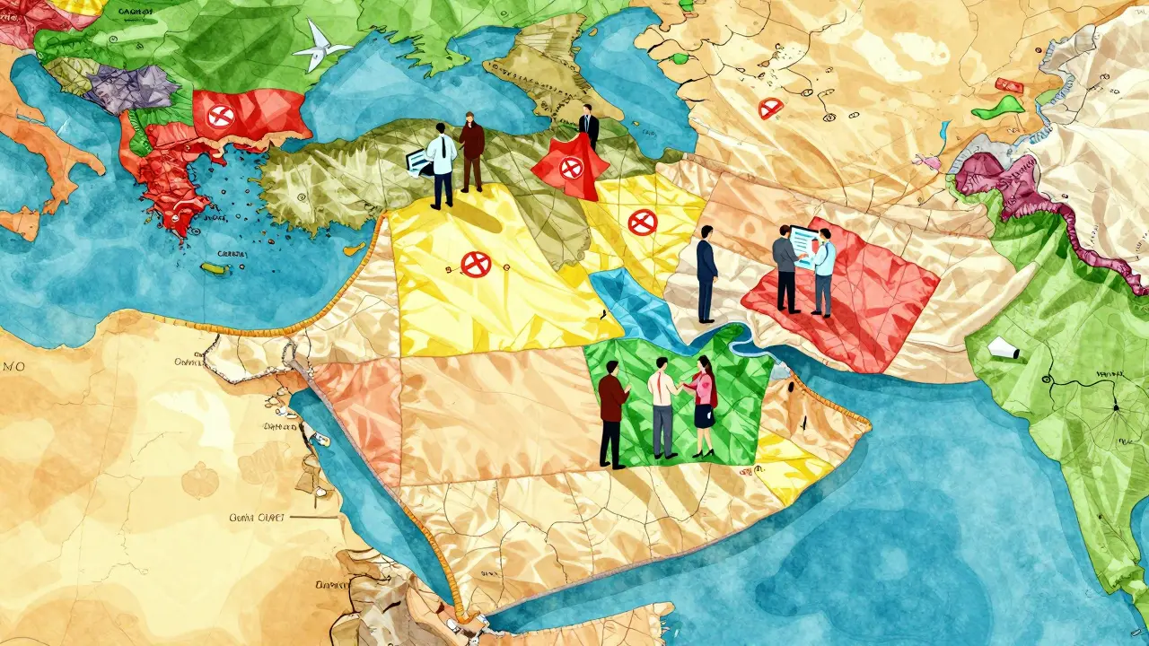 A colorful patchwork quilt draped over a map of the GCC region showing different regulatory zones.