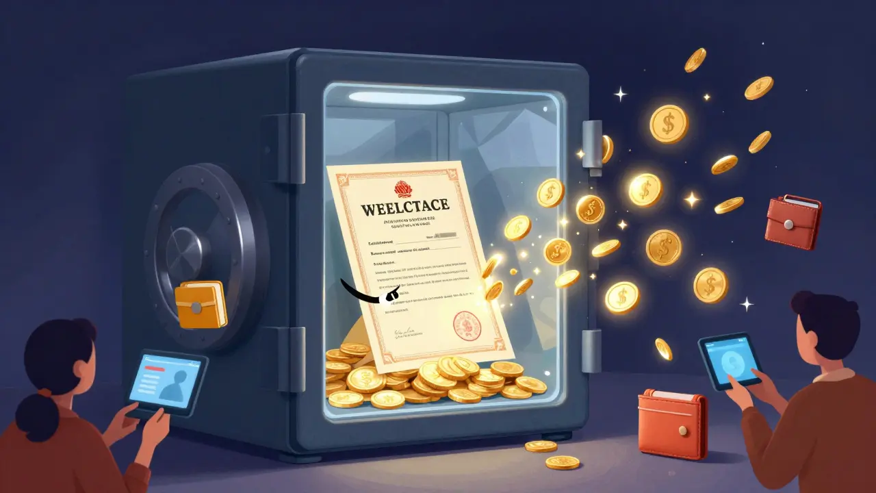 A crystalline vault where one stock share is transformed into many small digital tokens.