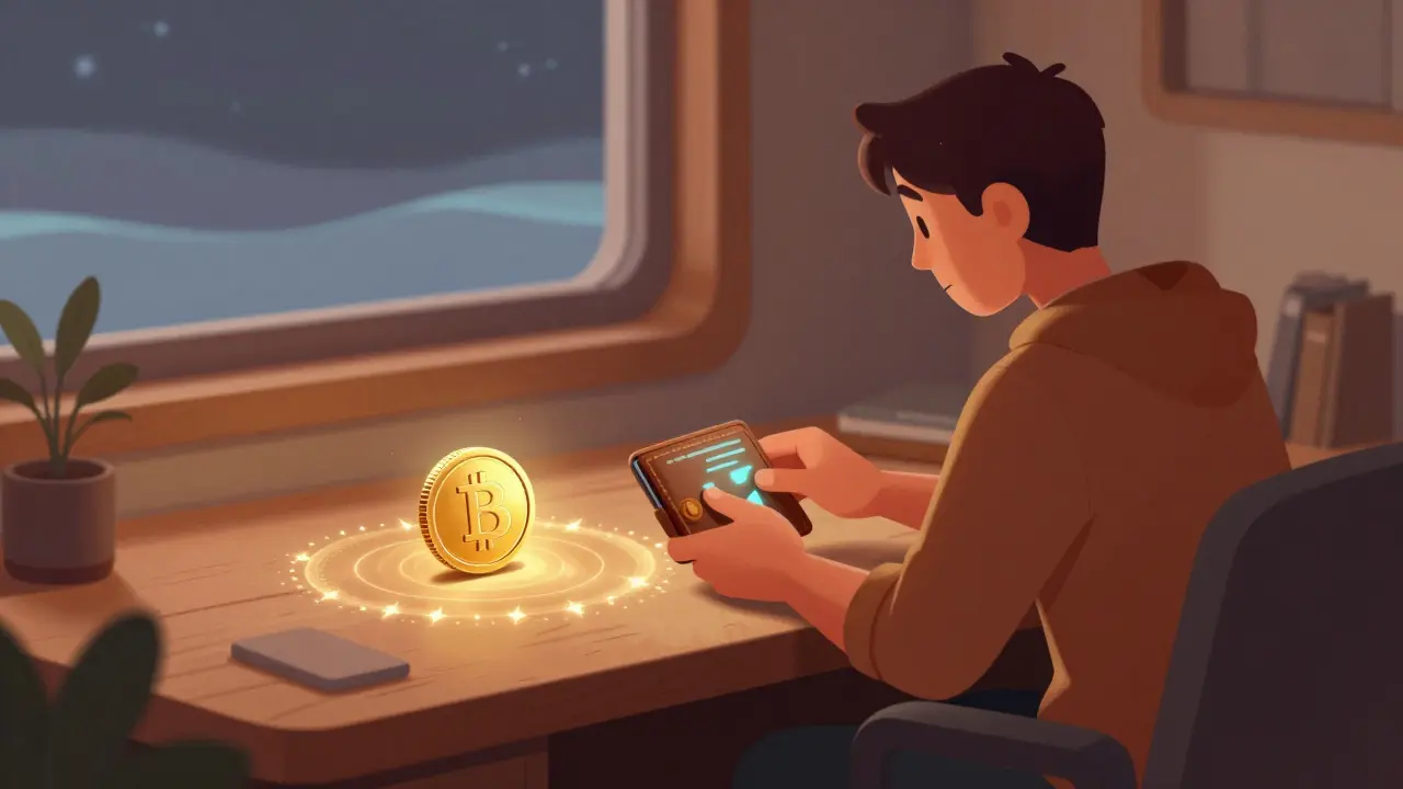 A digital explorer managing a glowing wallet with a golden HPD token.
