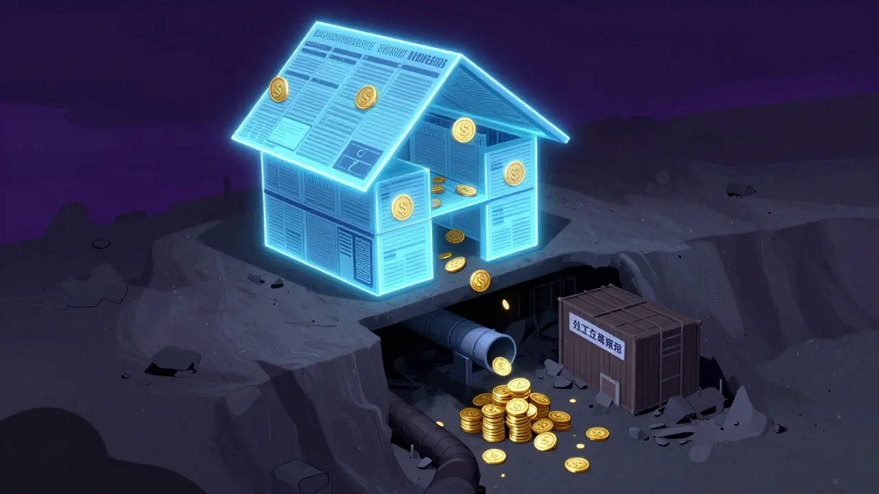 A digital house of cards with a secret underground pipe draining gold coins.