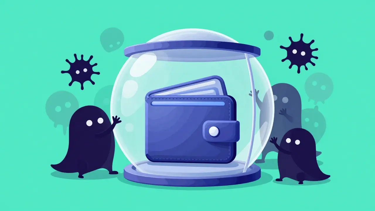 A digital wallet protected by a glowing bubble from shadowy scam creatures