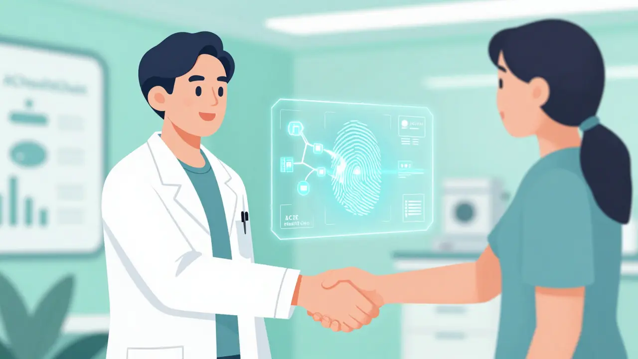 A doctor and patient shaking hands with a biometric blockchain interface between them.