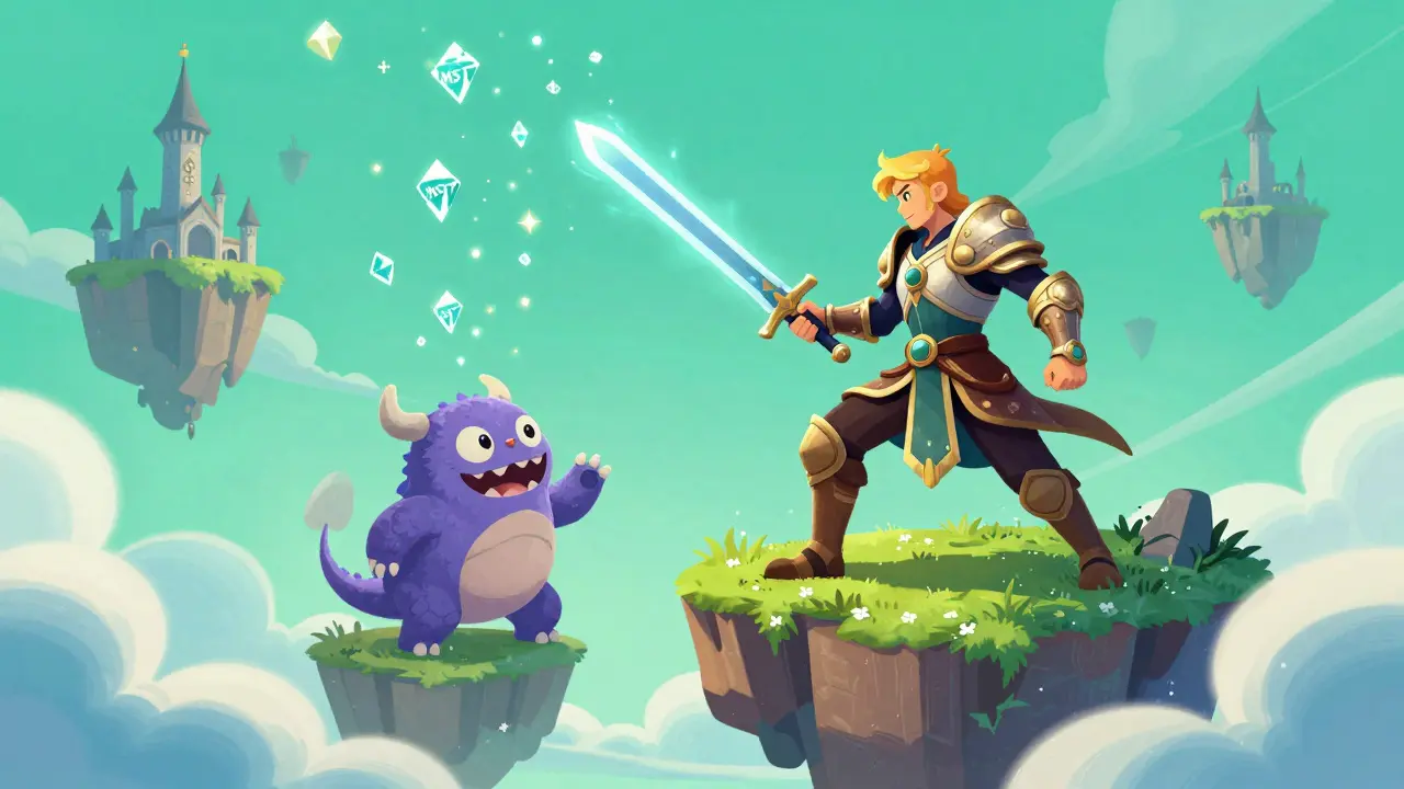 A fantasy hero battling a monster in Idle Mystic with sparkling MST reward stones falling.