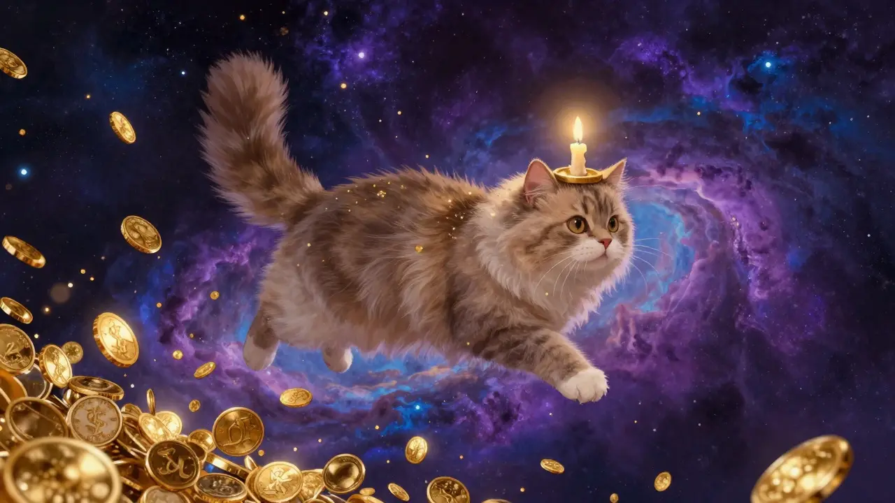 A giant fluffy cat floating in space surrounded by a rain of gold coins.