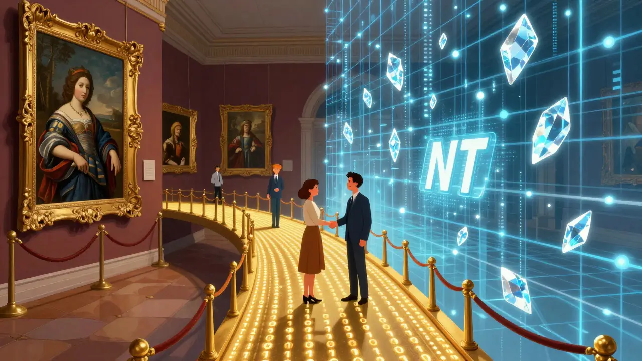 A golden bridge of code connecting a traditional art gallery to a digital NFT world