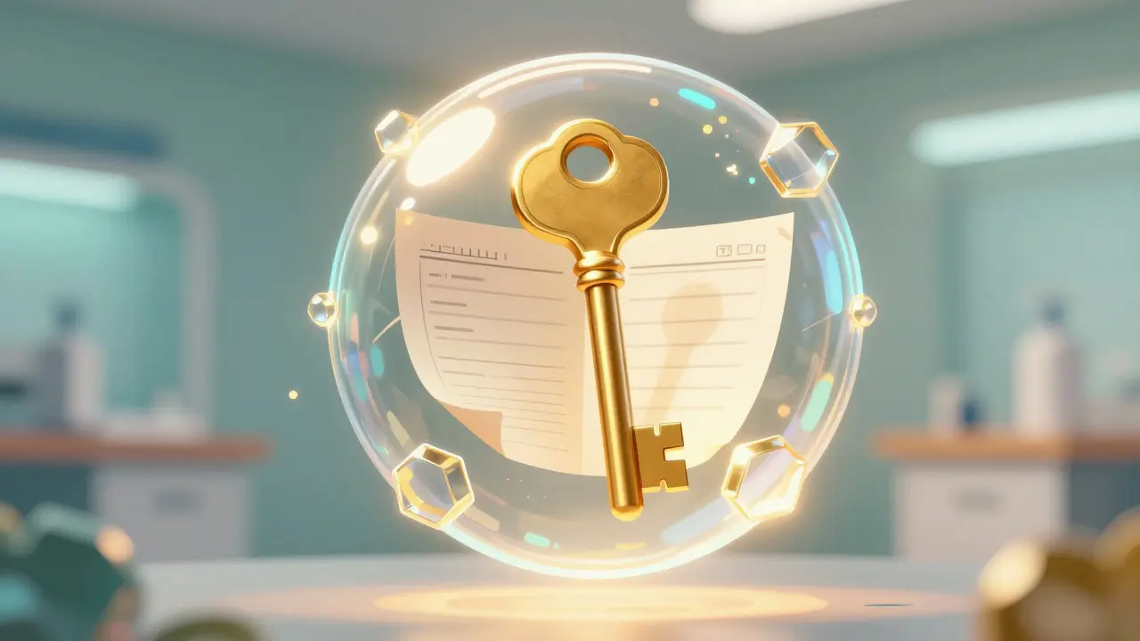 A golden key protected by a hexagonal crystalline bubble guarding medical records.