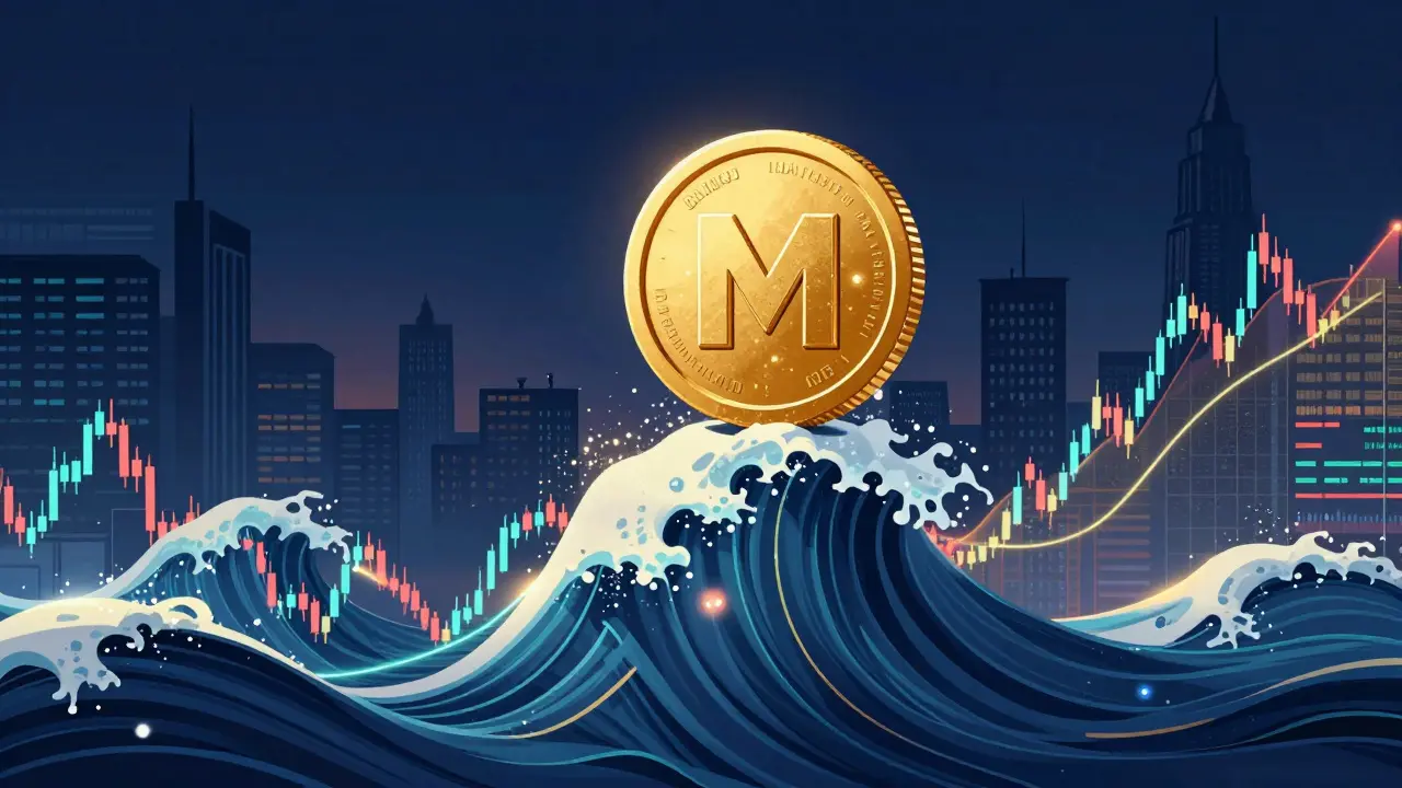 A golden MART coin riding a colorful wave of price charts in a digital cityscape