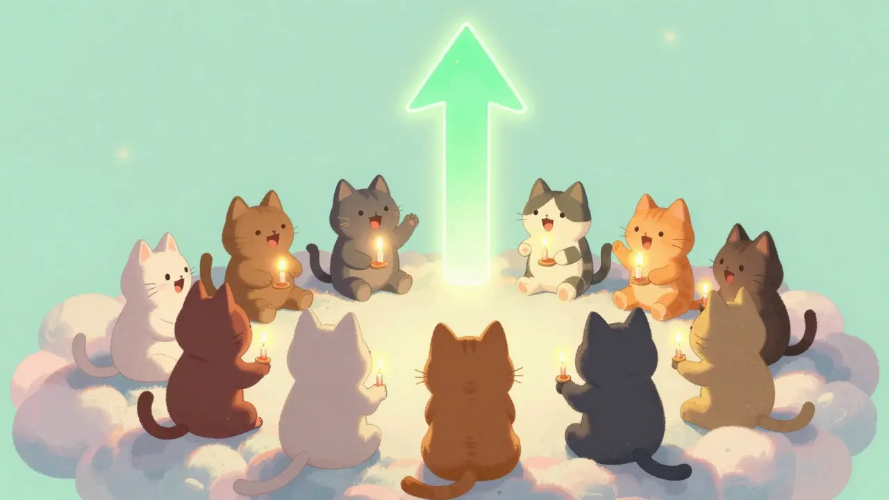 A group of cute cats on a cloud celebrating around glowing candles.
