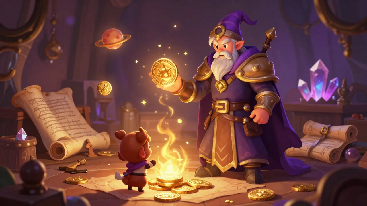 A magical forge where two small heroes are combined into one powerful warrior using gold coins.