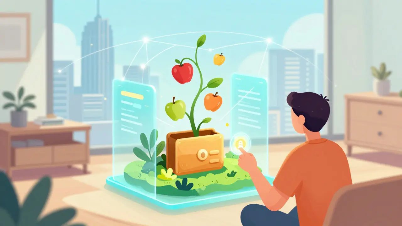 A person using a holographic interface to manage blockchain dividends in a digital garden.
