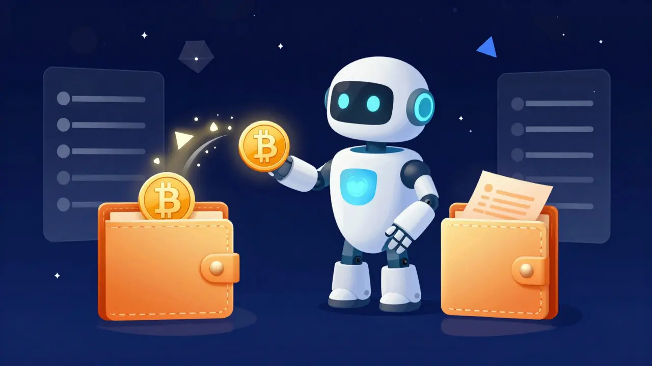 A robot facilitating an instant cryptocurrency swap between two digital wallets.