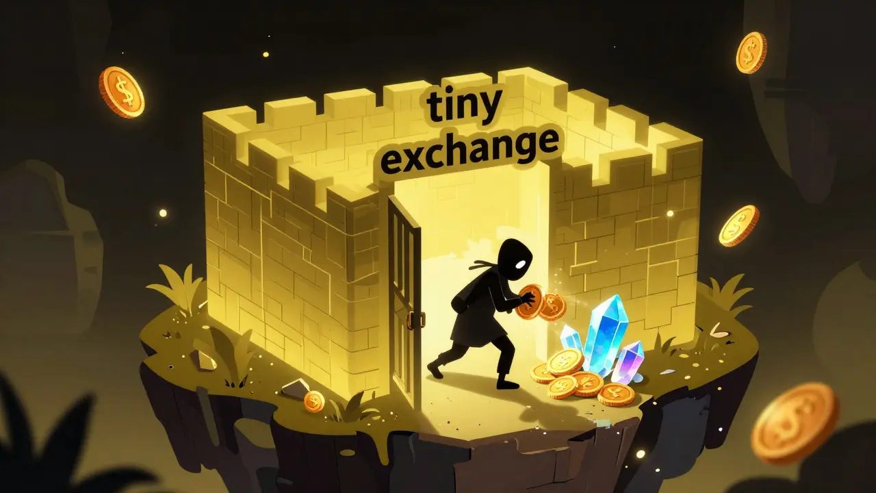 A shadowy thief stealing glowing coins from a fragile, small digital fortress