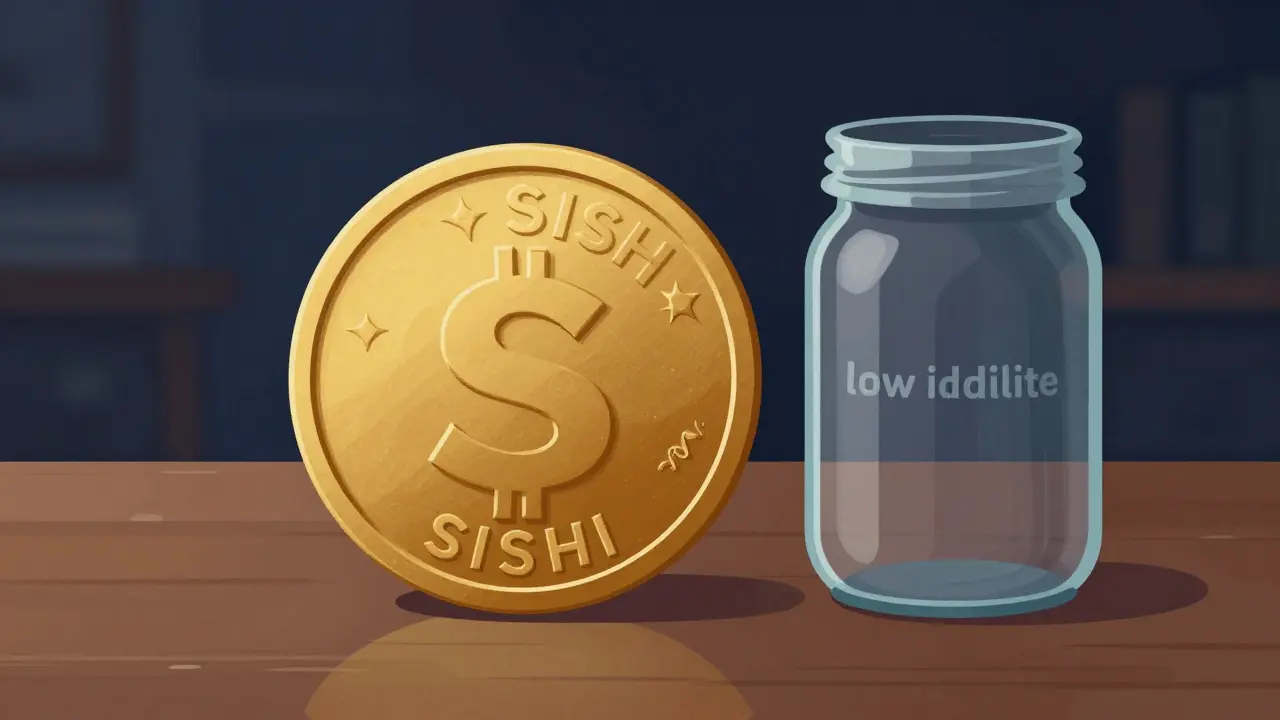 A small gold coin and an empty jar representing low token value and liquidity