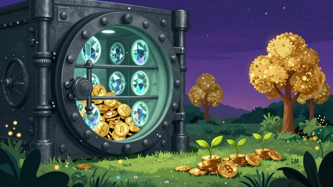 A storybook scene of a secure vault and digital coins growing like trees in a garden.