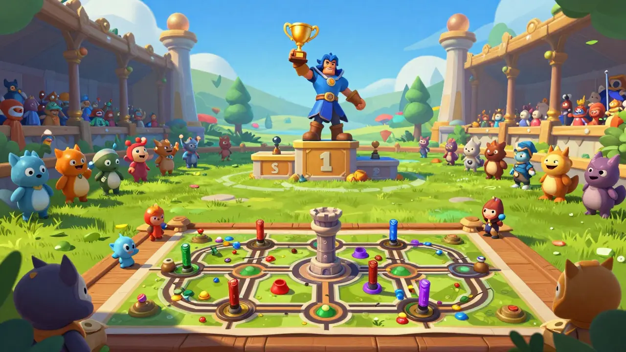 A triumphant fantasy hero on a podium in a colorful tournament arena with a strategy map.