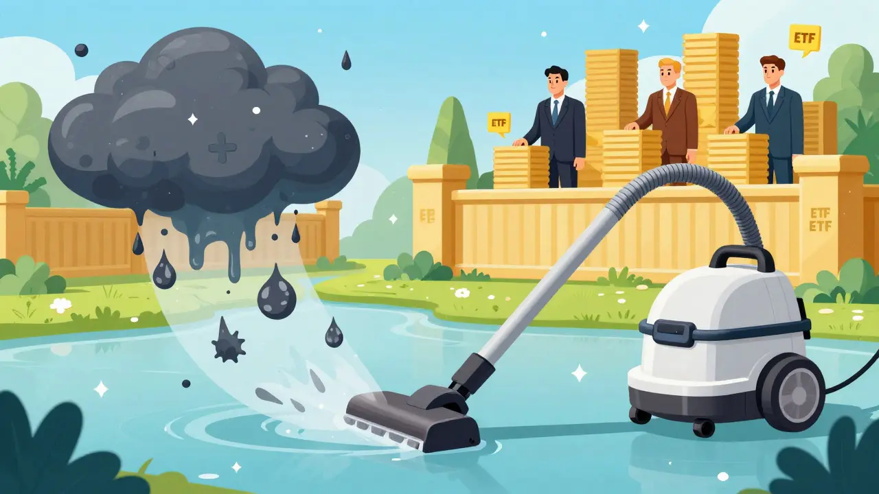 A vacuum cleaning murky clouds to reveal a sparkling, secure financial landscape.