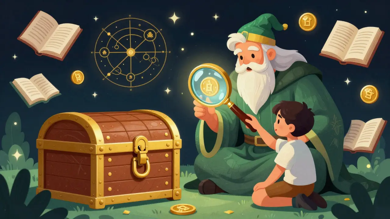 A wise guardian teaching a student to inspect a digital token with a magnifying glass.