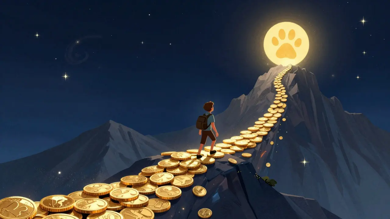 An adventurer climbing a winding path of gold coins that looks like a volatile price chart.