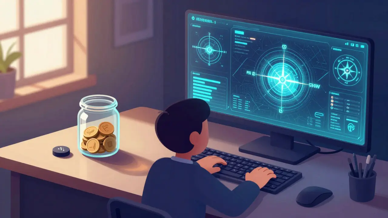 An illustration showing a simple beginner's trading desk next to a complex professional dashboard.