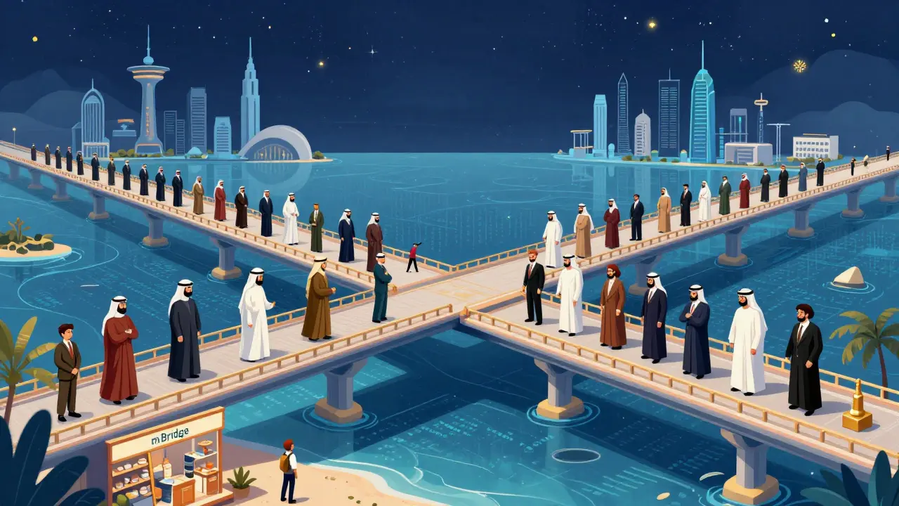 Architects building a glowing digital bridge connecting futuristic Middle Eastern cities.