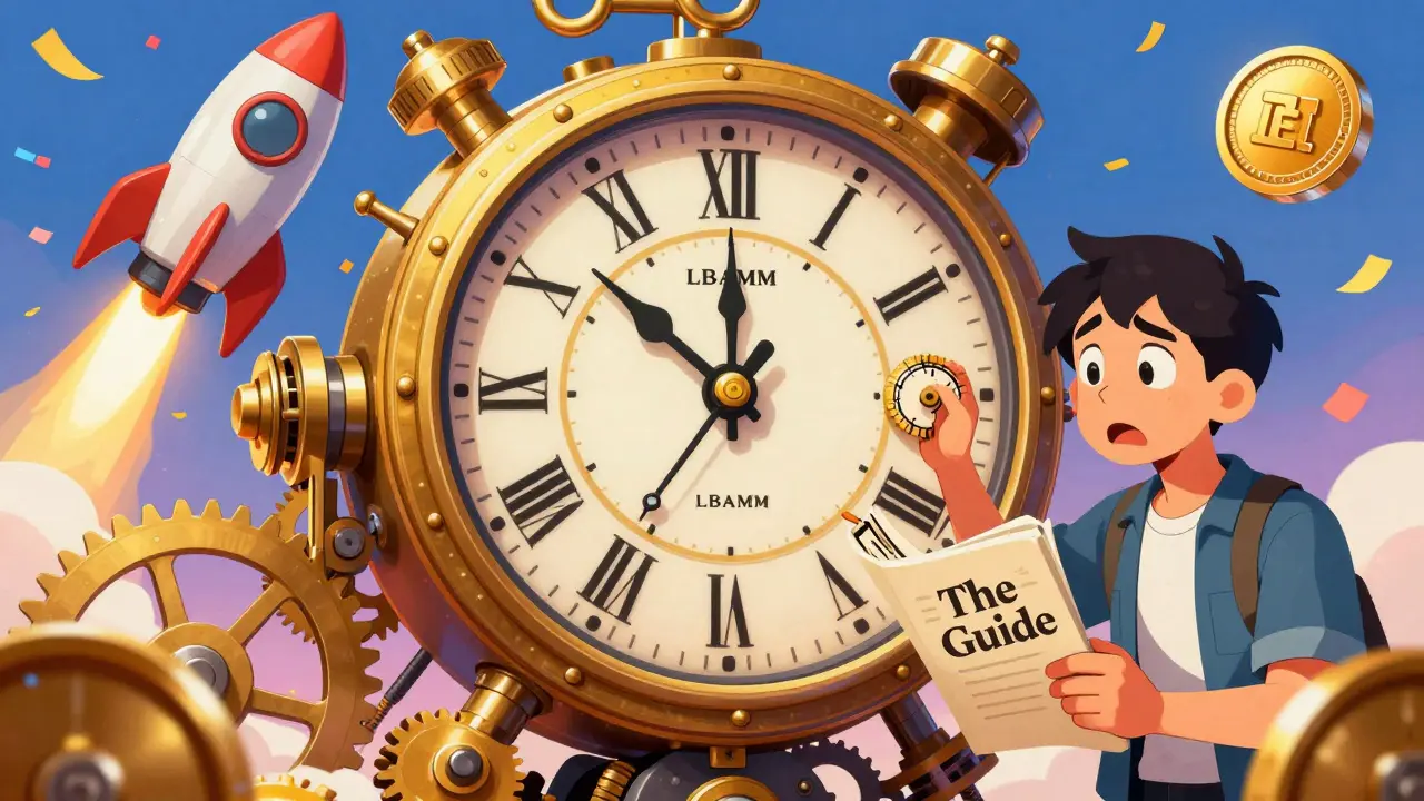 Character navigating a complex steampunk machine with a meme coin rocket launching behind.