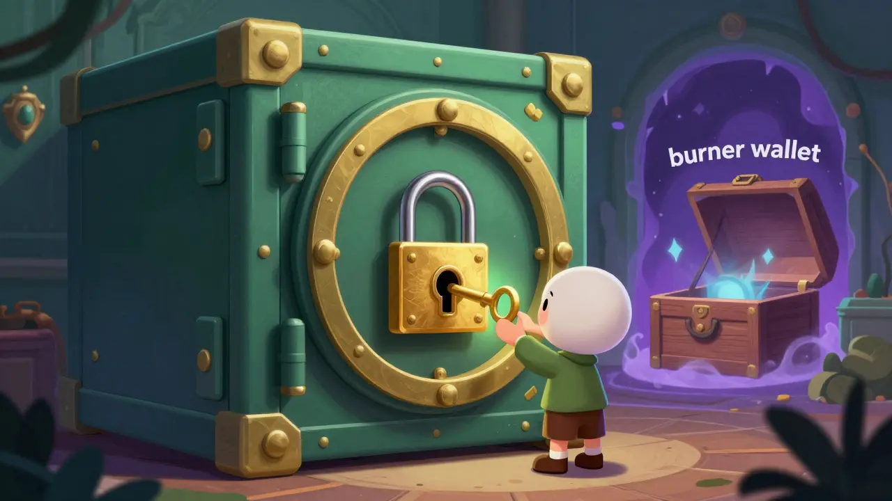 Character securing a digital vault with a golden lock to protect crypto assets