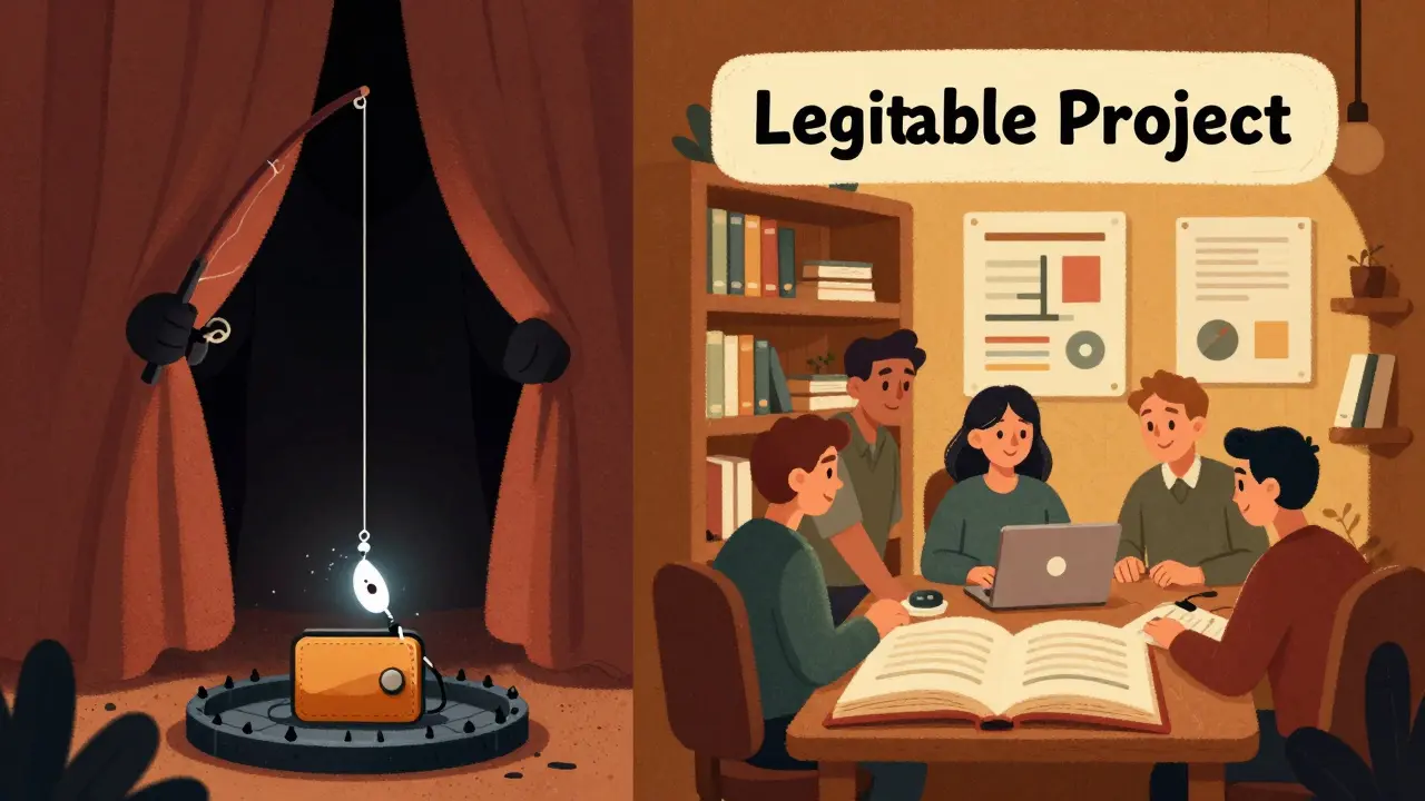 Comparison between a sneaky scammer with a lure and a transparent, organized project team