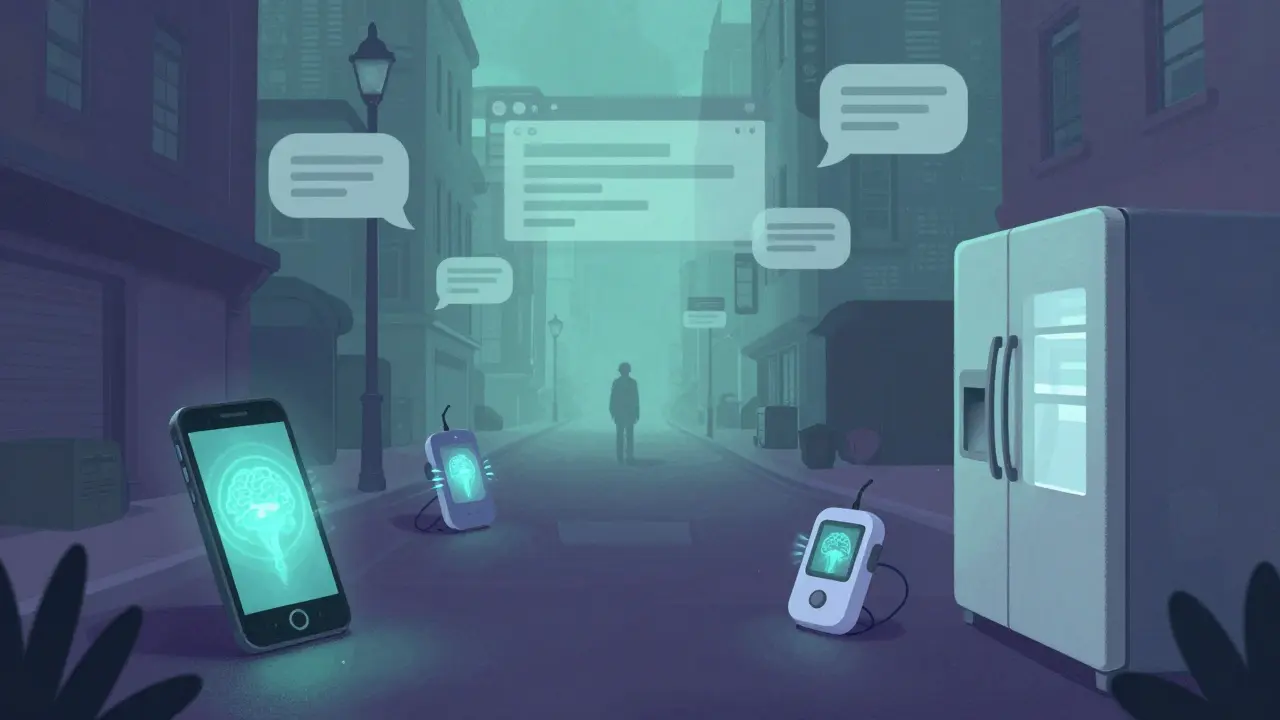 Glowing AI brains inside household devices in a quiet, futuristic digital city.