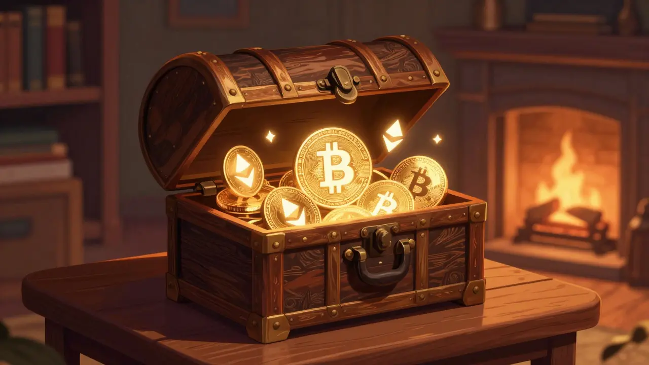 Glowing crypto coins stored safely inside a treasure chest in a cozy room.